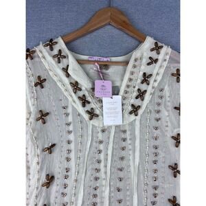 Calypso St Barth Wood Bead Tunic Ivory Sheer Embellished Boho Top‎ Small NEW